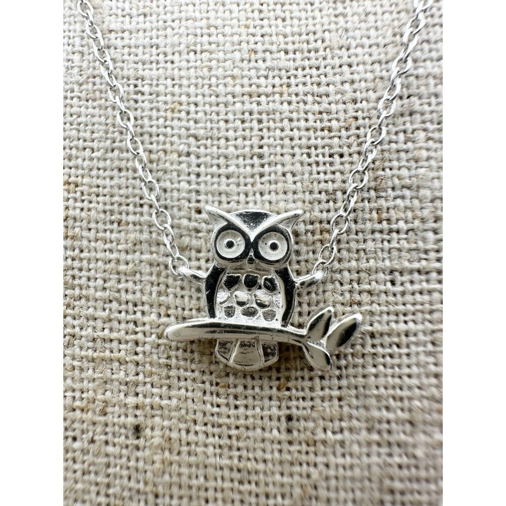 925 Sterling Silver Owl On Branch Necklace 18”